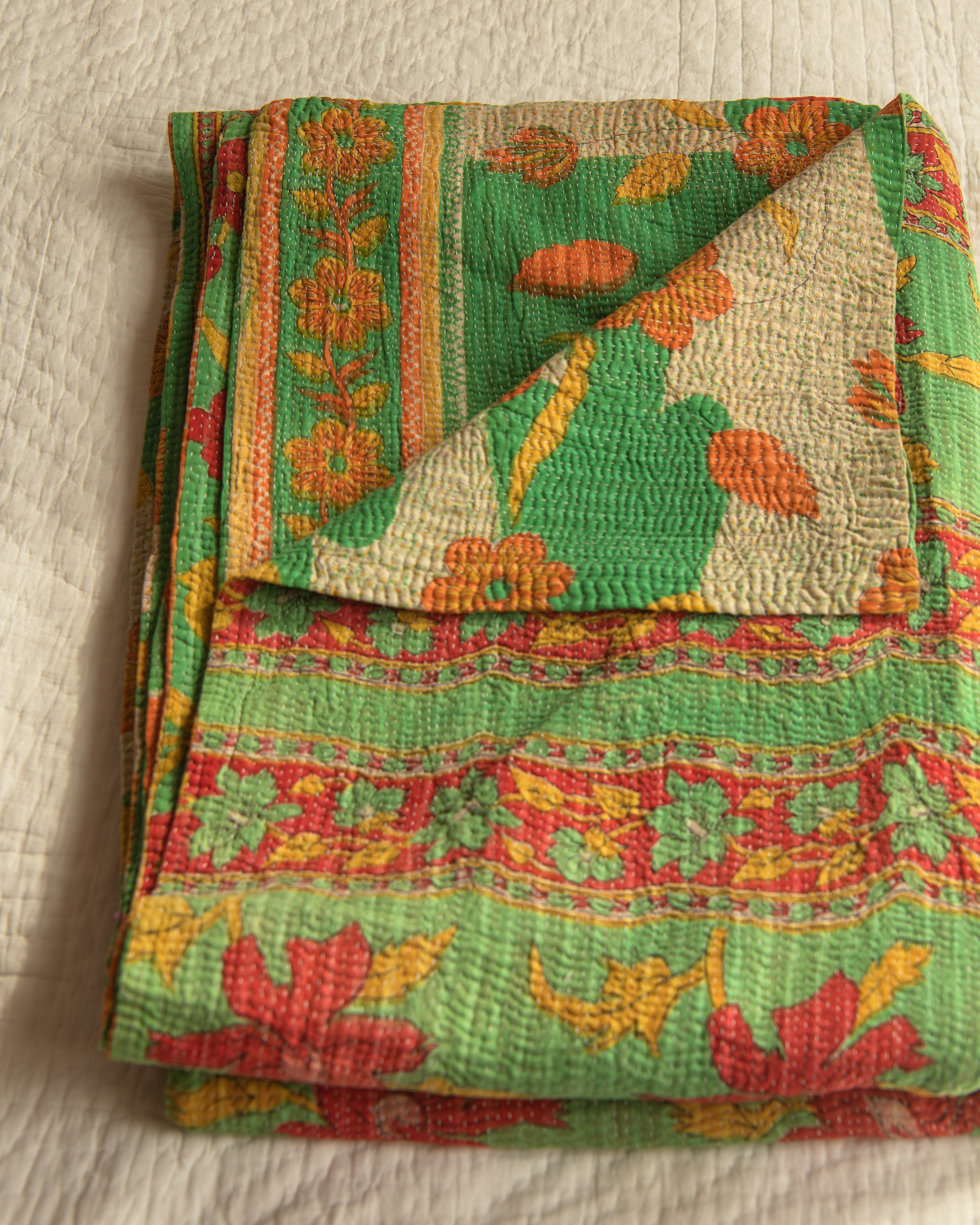 Tomato red, green & yellow Floral Kantha Quilt