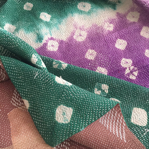 Green & purple tie-dye modern kantha quilt