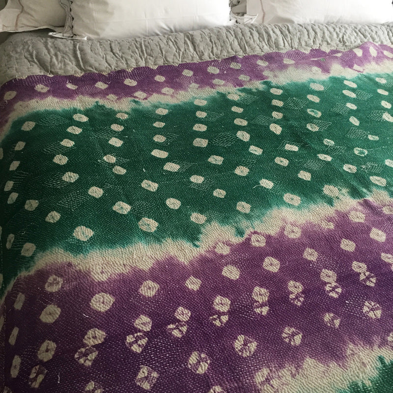 Green & purple tie-dye modern kantha quilt