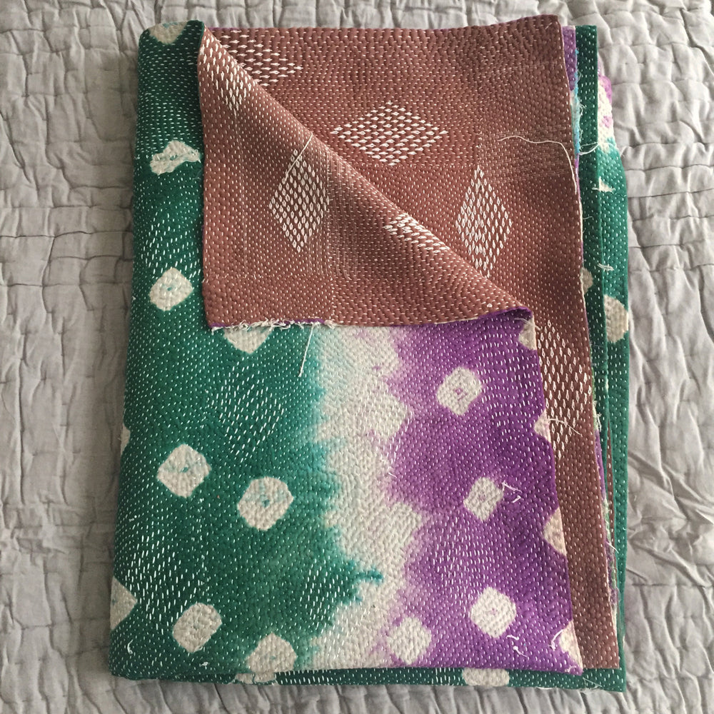 Green & purple tie-dye modern kantha quilt