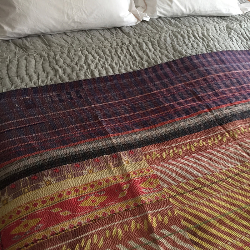 Purple & yellow striped kantha quilt