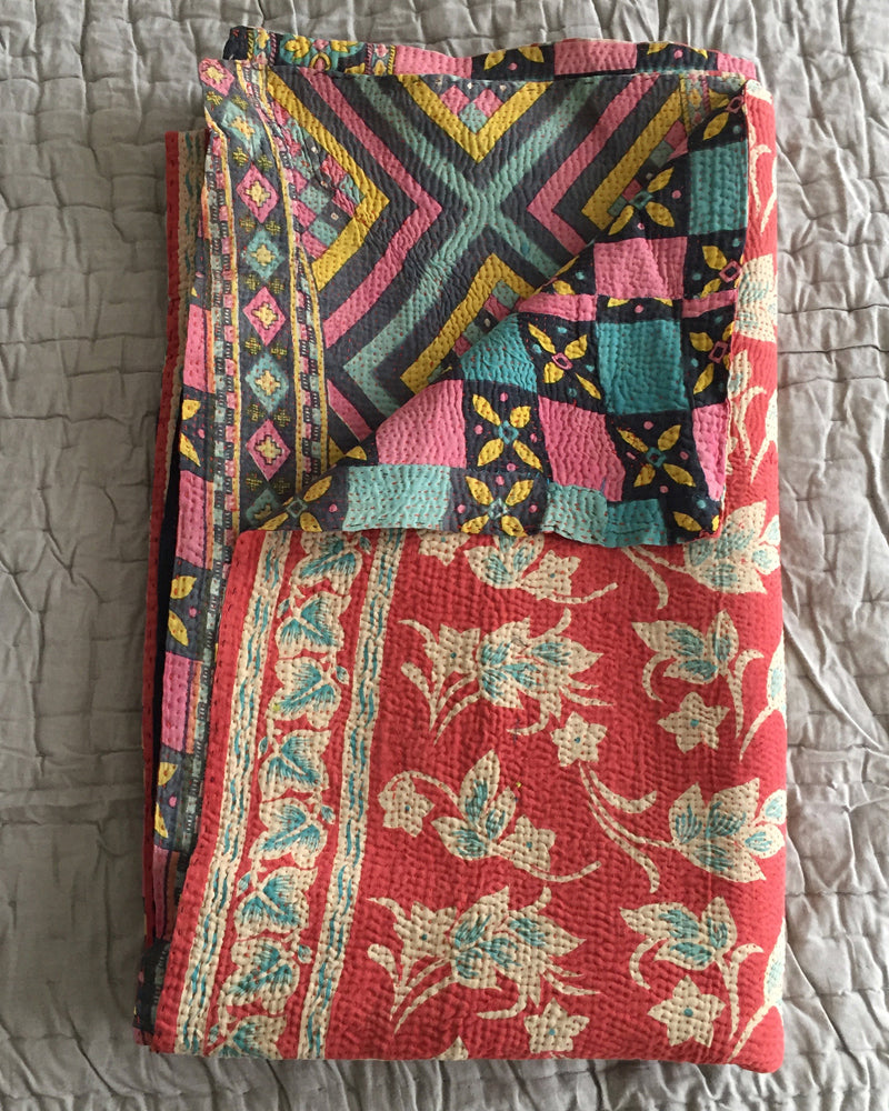 Pink Leaf & Multi colour chequer board kantha quilt