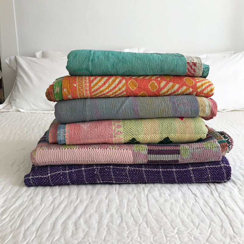 Muted lilac & green kantha quilt
