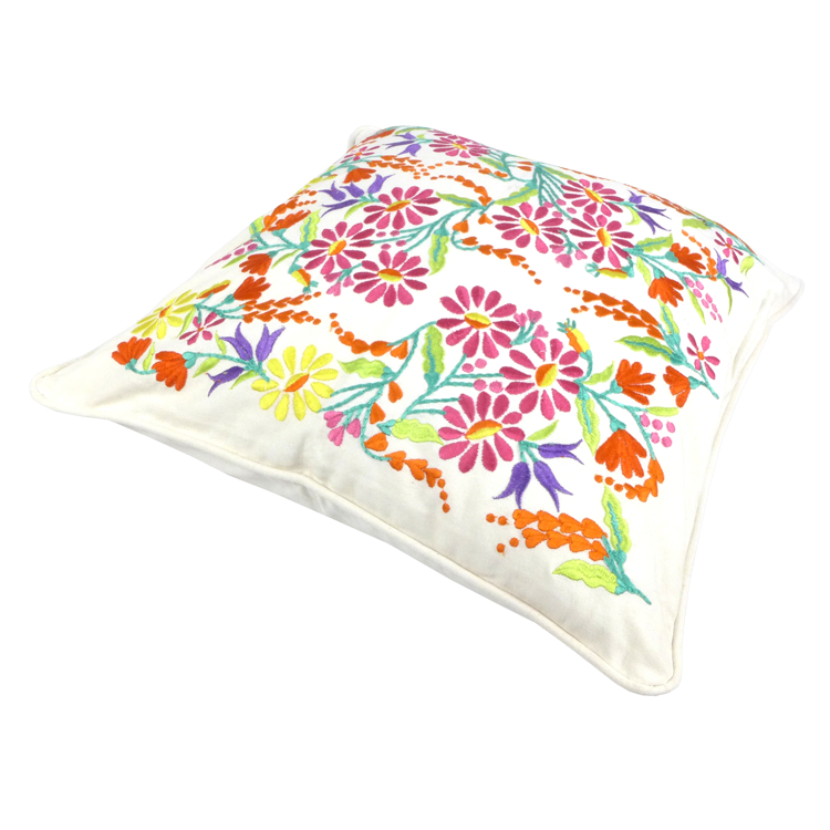 White floral embroidered cushion