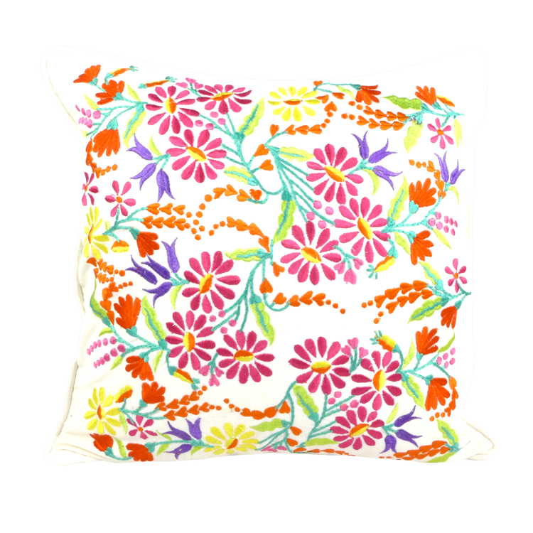 White floral embroidered cushion