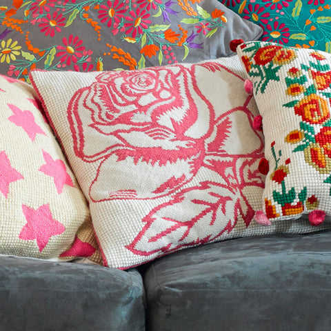 Pink rose tapestry cushion