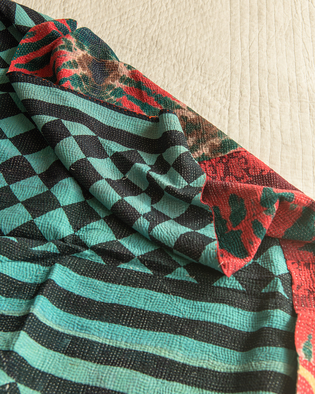 Checkerboard kantha quilt