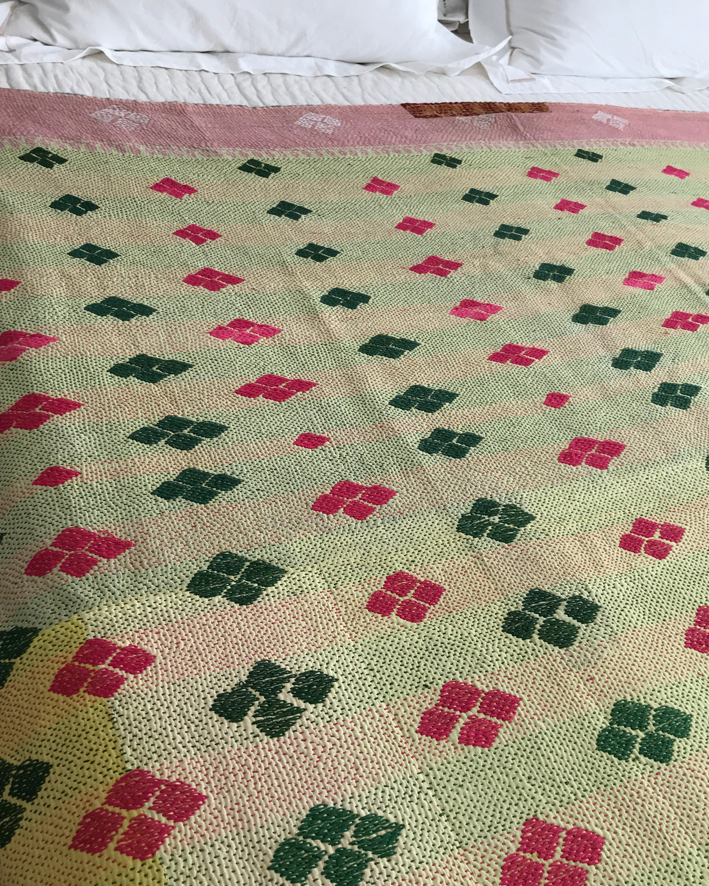Blue check & yellow diamond kantha quilt