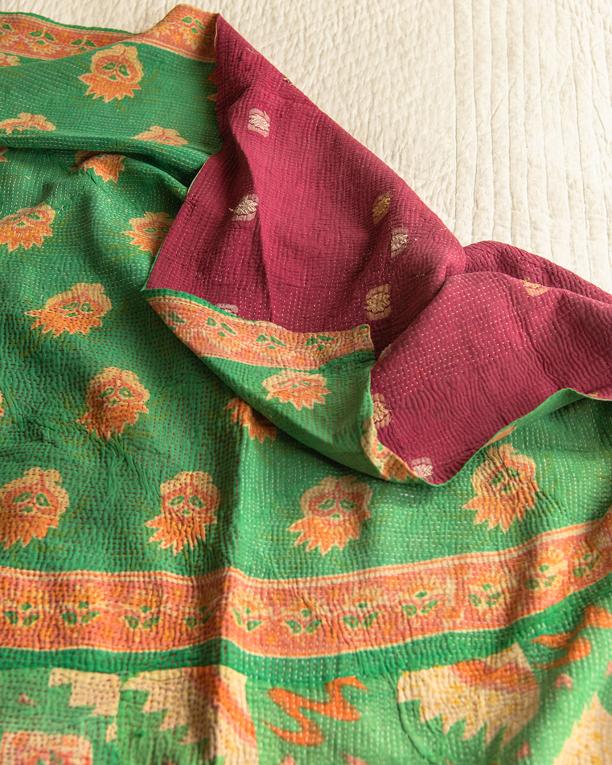 Green & Claret red kantha quilt