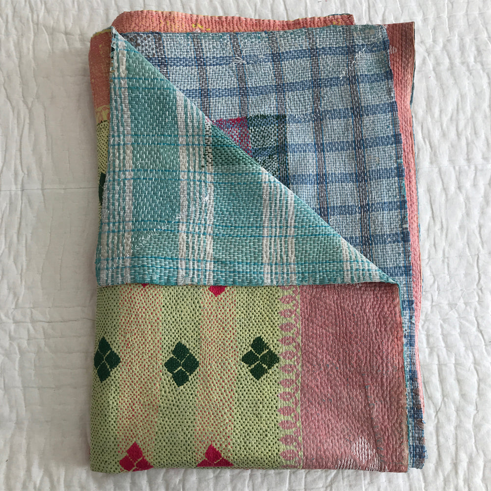 Blue check & yellow diamond kantha quilt