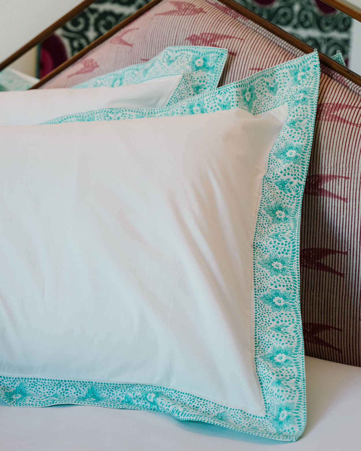 Aqua Leaf & Dot bordered set of 2 pillowcases