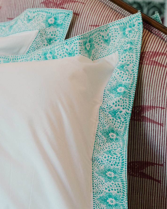 Aqua Leaf & Dot bordered set of 2 pillowcases