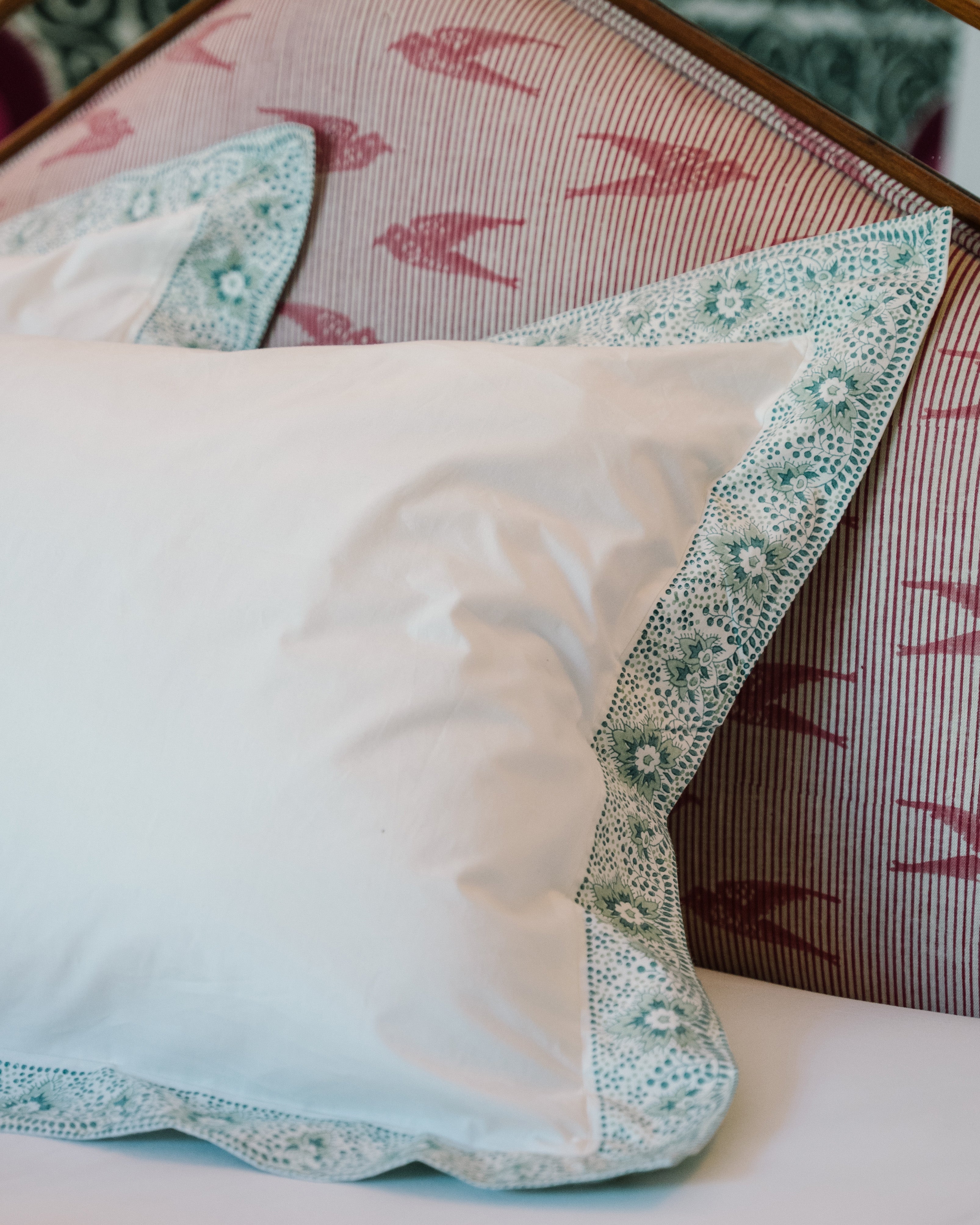 Vintage Blue/ Green/Grey Leaf & Dot bordered set of 2 pillowcases
