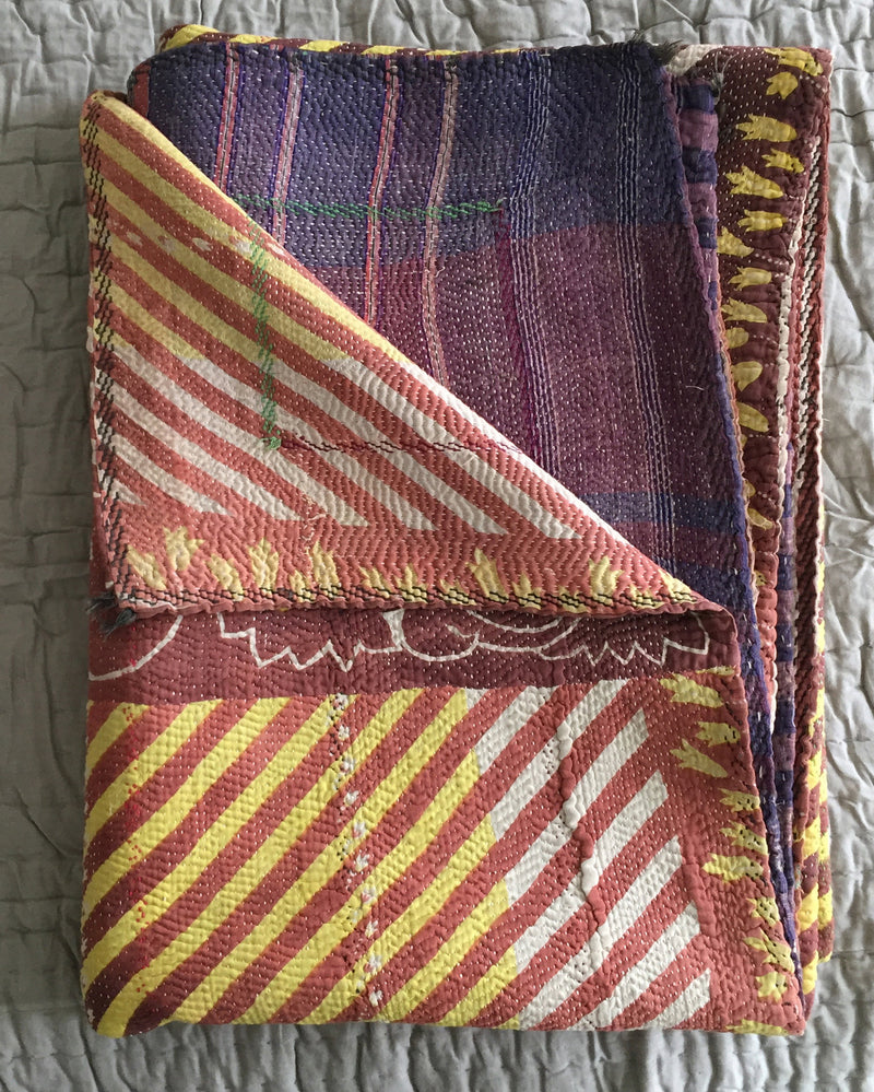 Purple & yellow striped kantha quilt