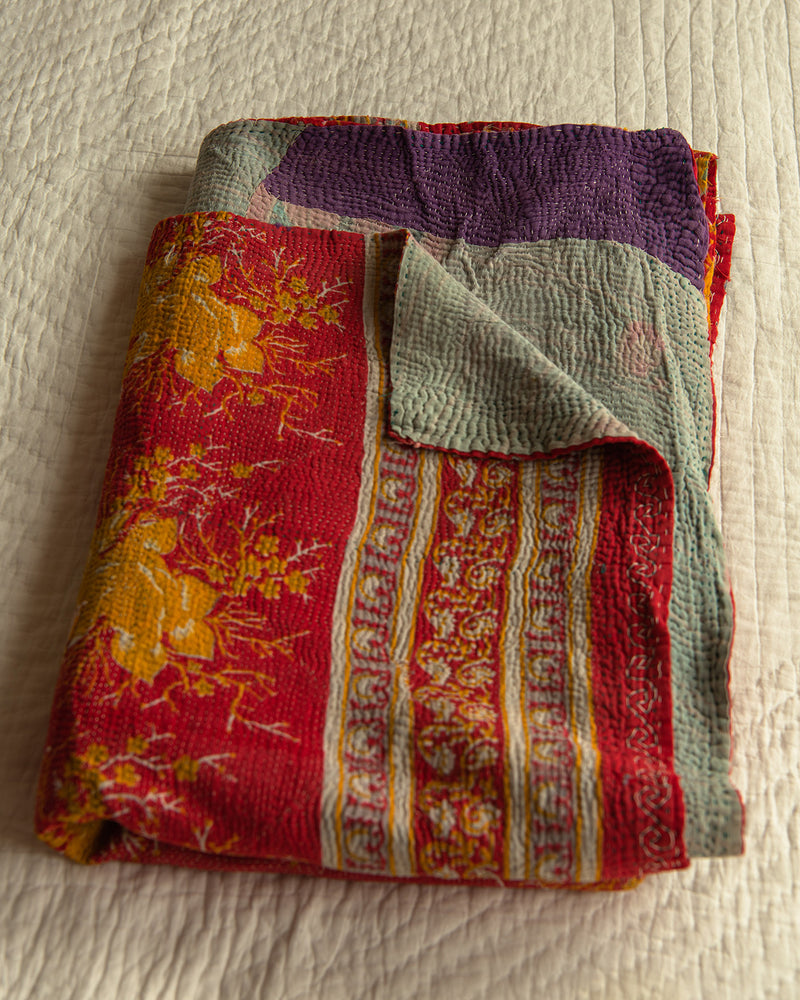 Red & yellow chintz floral kantha quilt