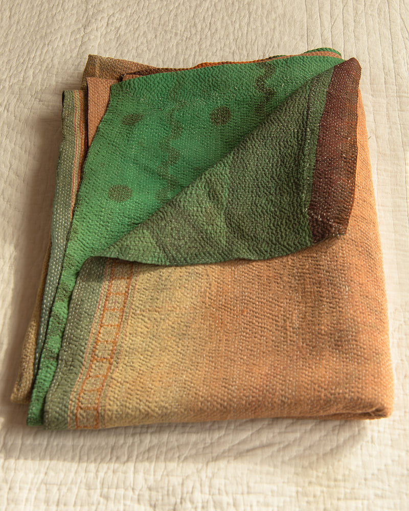 Sepia, orange & green kantha quilt