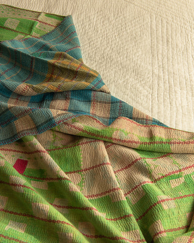 Soft green & blue check with embroidered detail kantha quilt