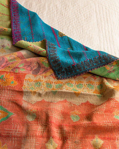 Blue & Soft multi-colour reverse embroidered kantha quilt