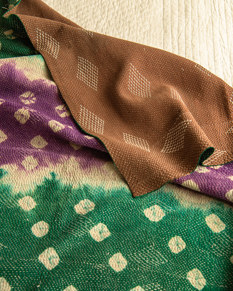 Purple & green tie dye kantha quilt